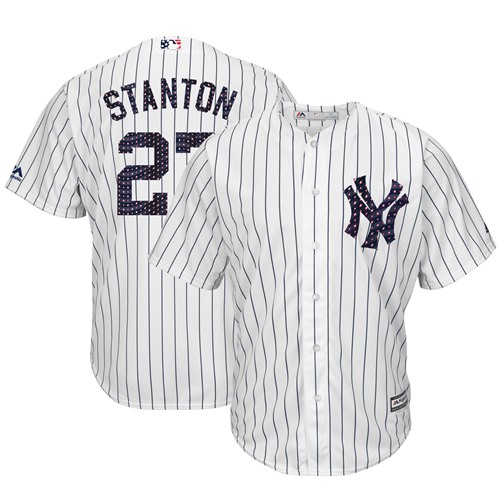 Personalized Yankees #27 Giancarlo Stanton White Strip New Cool Base 2018 Stars & Stripes Stitched Baseball Jersey