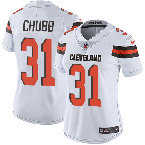 Personalized Browns #31 Nick Chubb White Women’s Stitched NFL Untouchable Limited Jersey