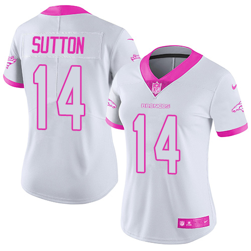 Personalized Broncos #14 Courtland Sutton White Pink Women’s Stitched NFL Limited Rush Fashion Jersey