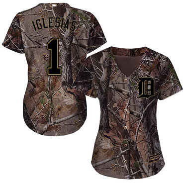 Personalized Tigers #1 Jose Iglesias Camo Realtree Collection Cool Base Women’s Stitched Baseball Jersey