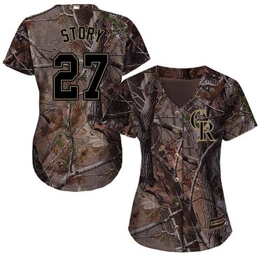Personalized Rockies #27 Trevor Story Camo Realtree Collection Cool Base Women’s Stitched Baseball Jersey