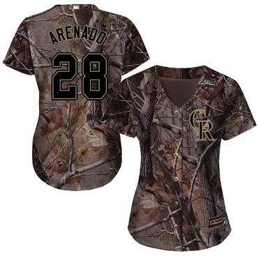 Personalized Rockies #28 Nolan Arenado Camo Realtree Collection Cool Base Women’s Stitched Baseball Jersey