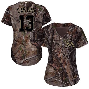 Personalized Marlins #13 Starlin Castro Camo Realtree Collection Cool Base Women’s Stitched Baseball Jersey