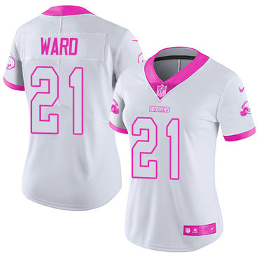 Personalized Browns #21 Denzel Ward White Pink Women’s Stitched NFL Limited Rush Fashion Jersey