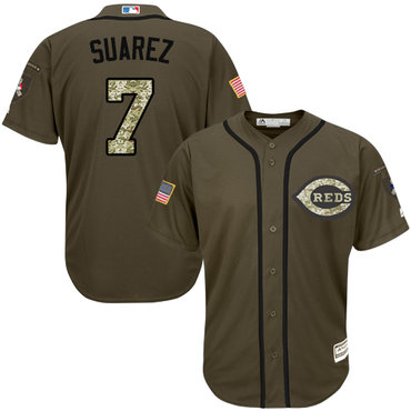 Personalized Reds #7 Eugenio Suarez Green Salute to Service Stitched Baseball Jersey