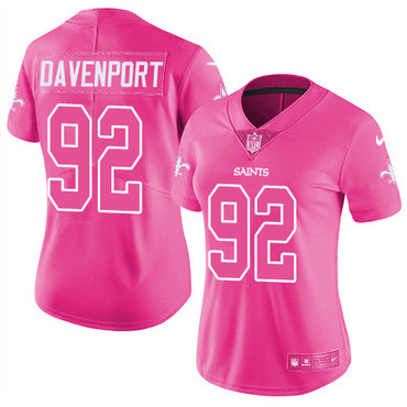Personalized Saints #92 Marcus Davenport Pink Women’s Stitched NFL Limited Rush Fashion Jersey