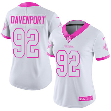 Personalized Saints #92 Marcus Davenport White Pink Women’s Stitched NFL Limited Rush Fashion Jersey