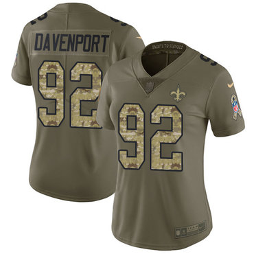 Personalized Saints #92 Marcus Davenport Olive Camo Women’s Stitched NFL Limited 2017 Salute to Service Jersey