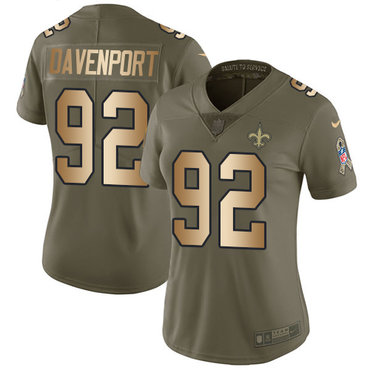 Personalized Saints #92 Marcus Davenport Olive Gold Women’s Stitched NFL Limited 2017 Salute to Service Jersey
