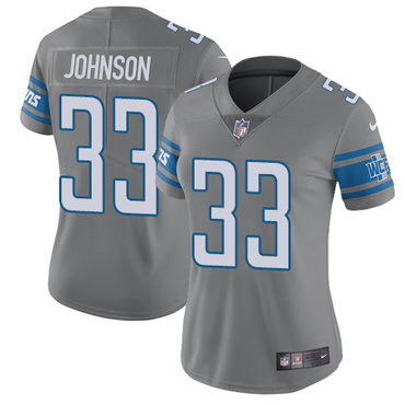 Personalized Lions #33 Kerryon Johnson Gray Women’s Stitched NFL Limited Rush Jersey