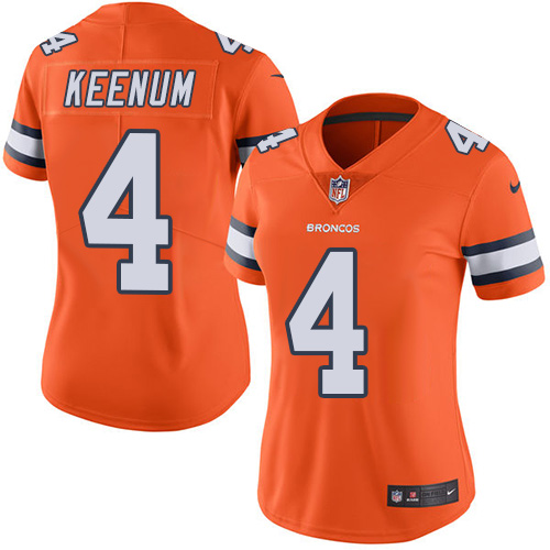 Personalized Broncos #4 Case Keenum Orange Women’s Stitched NFL Limited Rush Jersey