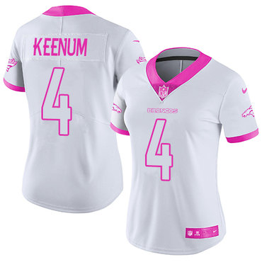 Personalized Broncos #4 Case Keenum White Pink Women’s Stitched NFL Limited Rush Fashion Jersey