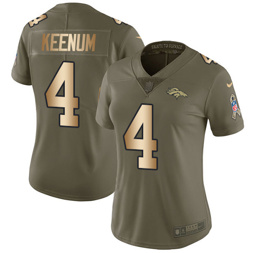 Personalized Broncos #4 Case Keenum Olive Gold Women’s Stitched NFL Limited 2017 Salute to Service Jersey