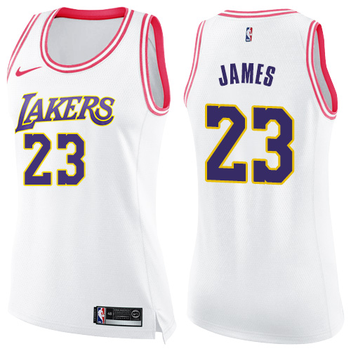 Personalized Lakers #23 LeBron James White Pink Women’s NBA Swingman Fashion Jersey
