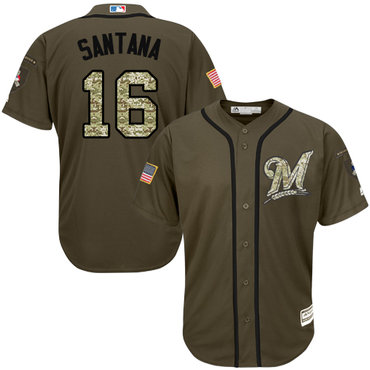 Personalized Brewers #16 Domingo Santana Green Salute to Service Stitched Baseball Jersey