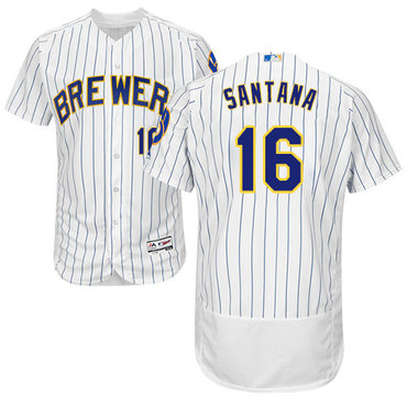 Personalized Brewers #16 Domingo Santana White Strip Flexbase Authentic Collection Stitched Baseball Jersey