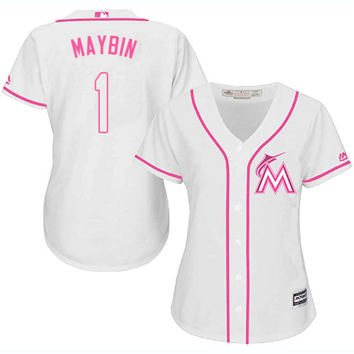 Personalized Marlins #1 Cameron Maybin White Pink Fashion Women’s Stitched Baseball Jersey