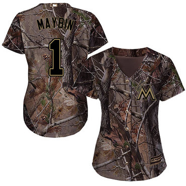 Personalized Marlins #1 Cameron Maybin Camo Realtree Collection Cool Base Women’s Stitched Baseball Jersey