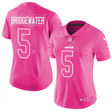 Personalized Jets #5 Teddy Bridgewater Pink Women’s Stitched NFL Limited Rush Fashion Jersey
