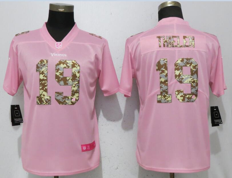 Personalized Vikings 19 Adam Thielen Pink Camo Fashion Women Limited Jersey