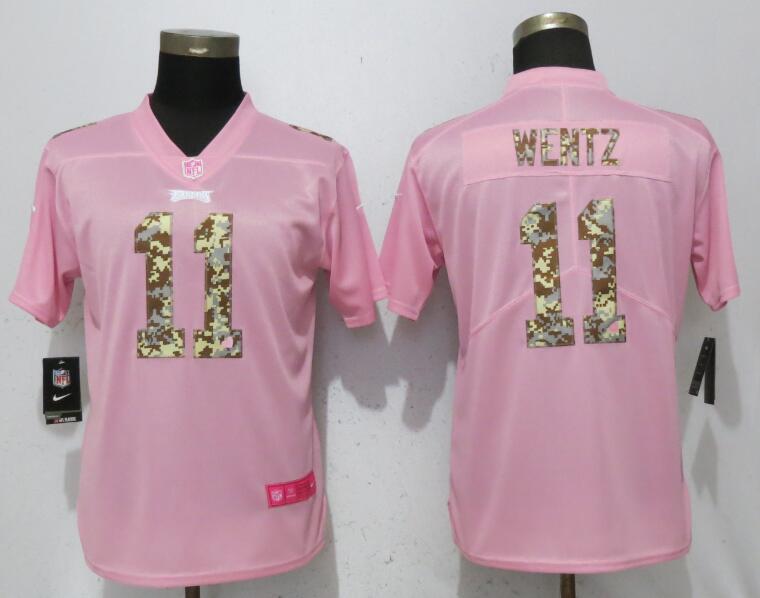 Personalized Eagles 11 Carson Wentz Pink Camo Fashion Women Limited Jersey