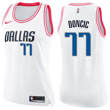 Personalized Mavericks #77 Luka Doncic White Pink Women’s NBA Swingman Fashion Jersey