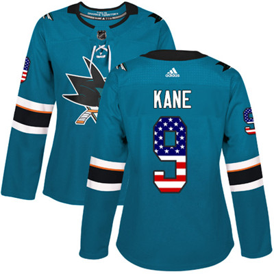 Personalized Sharks #9 Evander Kane Teal Home Authentic USA Flag Women’s Stitched NHL Jersey