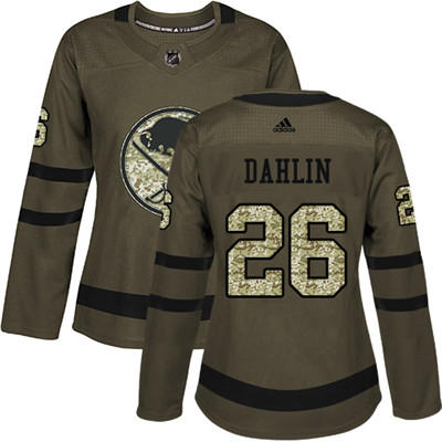 Personalized Sabres #26 Rasmus Dahlin Green Salute to Service Women’s Stitched NHL Jersey