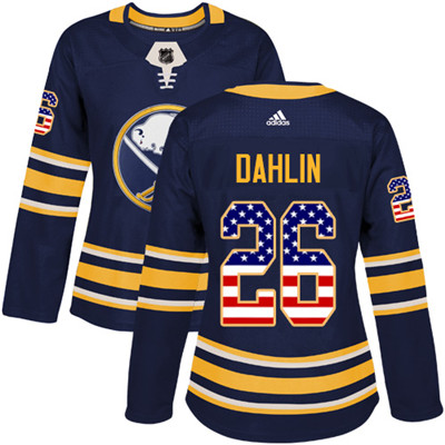Personalized Sabres #26 Rasmus Dahlin Navy Blue Home Authentic USA Flag Women’s Stitched NHL Jersey