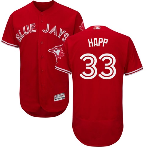 Personalized Blue Jays #33 J.A. Happ Red Flexbase Authentic Collection Canada Day Stitched Baseball Jersey