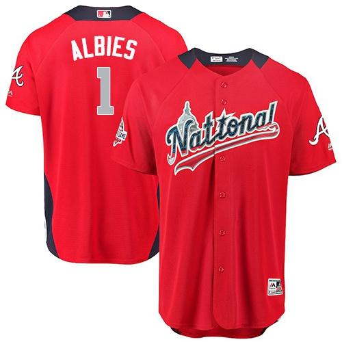 Personalized Braves #1 Ozzie Albies Red 2018 All-Star National League Stitched Baseball Jersey