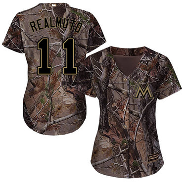 Personalized Marlins #11 JT Realmuto Camo Realtree Collection Cool Base Women’s Stitched Baseball Jersey