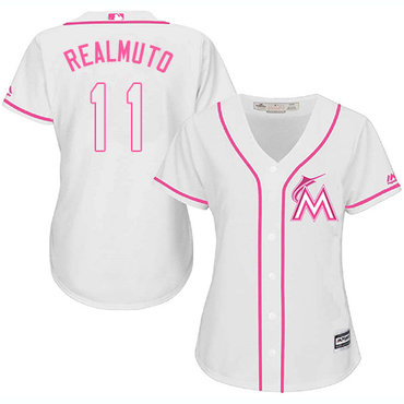 Personalized Marlins #11 JT Realmuto White Pink Fashion Women’s Stitched Baseball Jersey