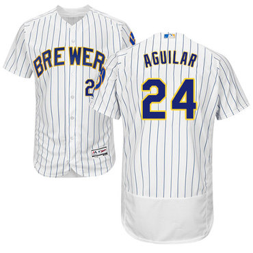 Personalized Brewers #24 Jesus Aguilar White Strip Flexbase Authentic Collection Stitched Baseball Jersey