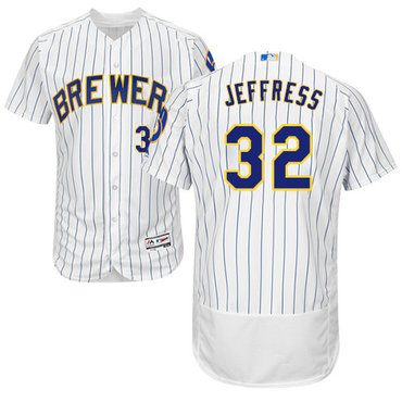 Personalized Brewers #32 Jeremy Jeffress White Strip Flexbase Authentic Collection Stitched Baseball Jersey