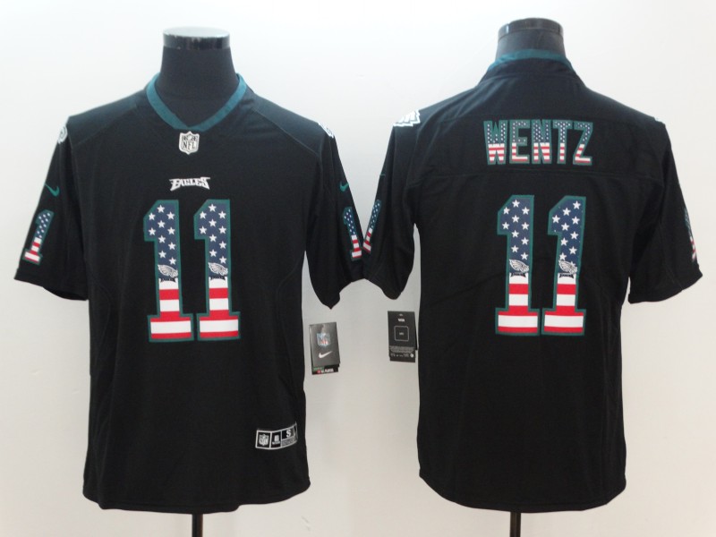 Personalized Eagles 11 Carson Wentz Black USA Flag Fashion Color Rush Limited Jersey