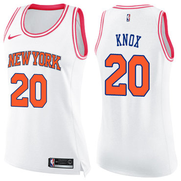 Personalized Knicks #20 Kevin Knox White Pink Women’s NBA Swingman Fashion Jersey