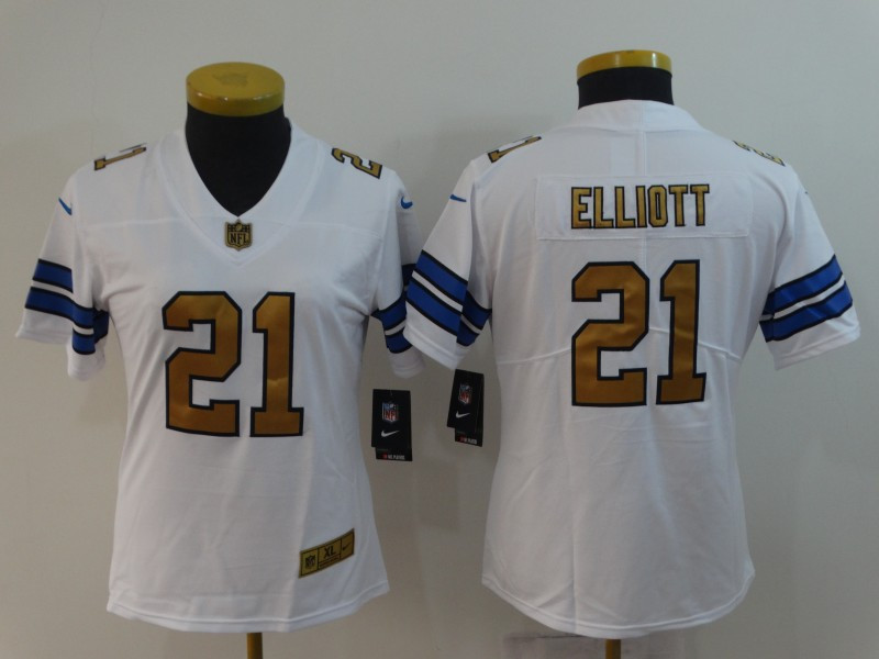 Personalized Women Cowboys 21 Ezkiel Elliott White Women Gold Untouchable Limited Jersey
