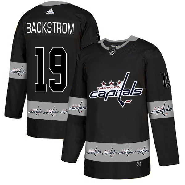 Personalized Capitals 19 Nicklas Backstrom Black Team Logos Fashion Jersey