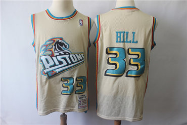 Personalized Pistons 33 Grant Hill Cream Hardwood Classics Jersey
