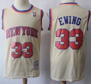 Personalized Mitchell And Ness Knicks #33 Patrick Ewing Cream Throwback Stitched NBA Jersey