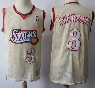 Personalized Mitchell And Ness 76ers #3 Allen Iverson Cream Throwback Stitched NBA Jersey