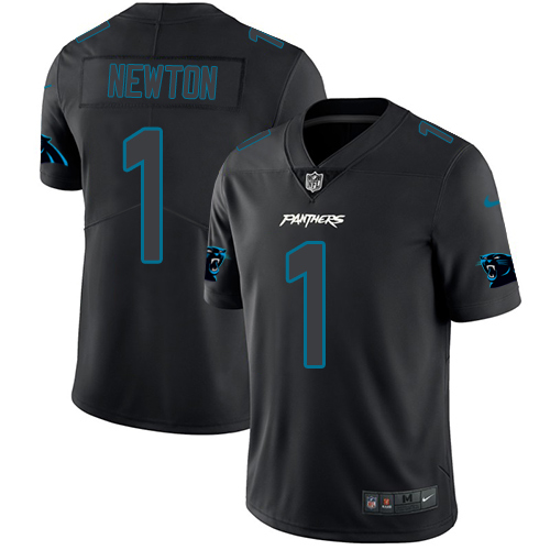 Personalized Panthers #1 Cam Newton Black Men’s Stitched NFL Limited Rush Impact Jersey