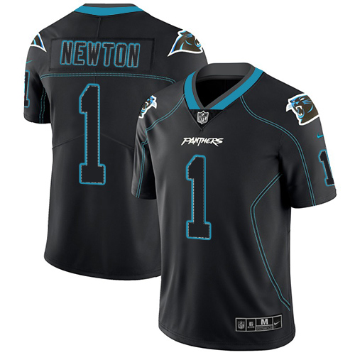 Personalized Panthers #1 Cam Newton Lights Out Black Men’s Stitched NFL Limited Rush Jersey