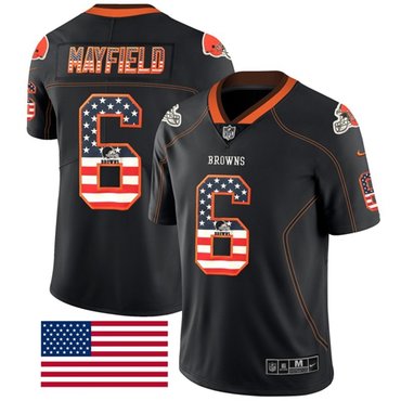 Personalized Browns #6 Baker Mayfield Black Men’s Stitched NFL Limited Rush USA Flag Jersey