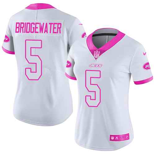 Personalized Jets 5 Teddy Bridgewater White Pink Women Rush Fashion Limited Jersey