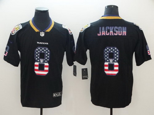 Personalized Ravens 8 Lamar Jackson Black USA Flag Fashion Limited Jersey