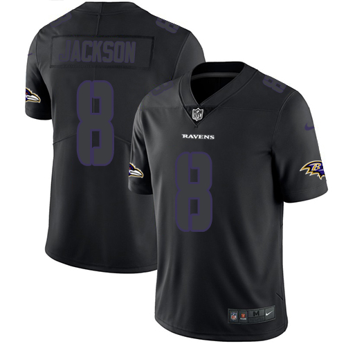 Personalized Ravens #8 Lamar Jackson Black Men’s Stitched NFL Limited Rush Impact Jersey