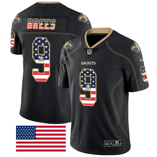 Personalized Saints #9 Drew Brees Black Men’s Stitched NFL Limited Rush USA Flag Jersey