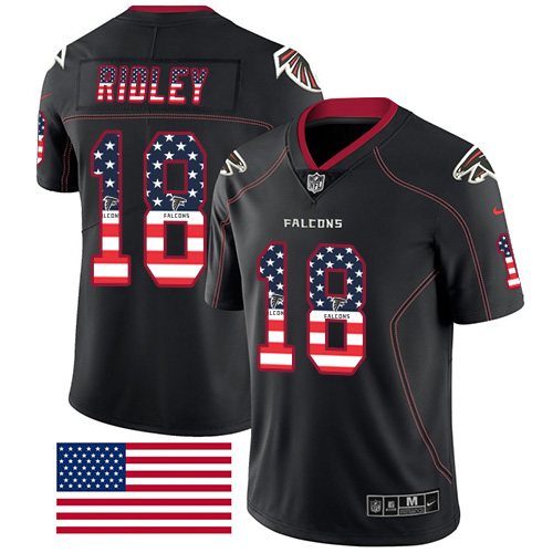 Personalized Falcons #18 Calvin Ridley Black Men’s Stitched NFL Limited Rush USA Flag Jersey$149.99$22.50